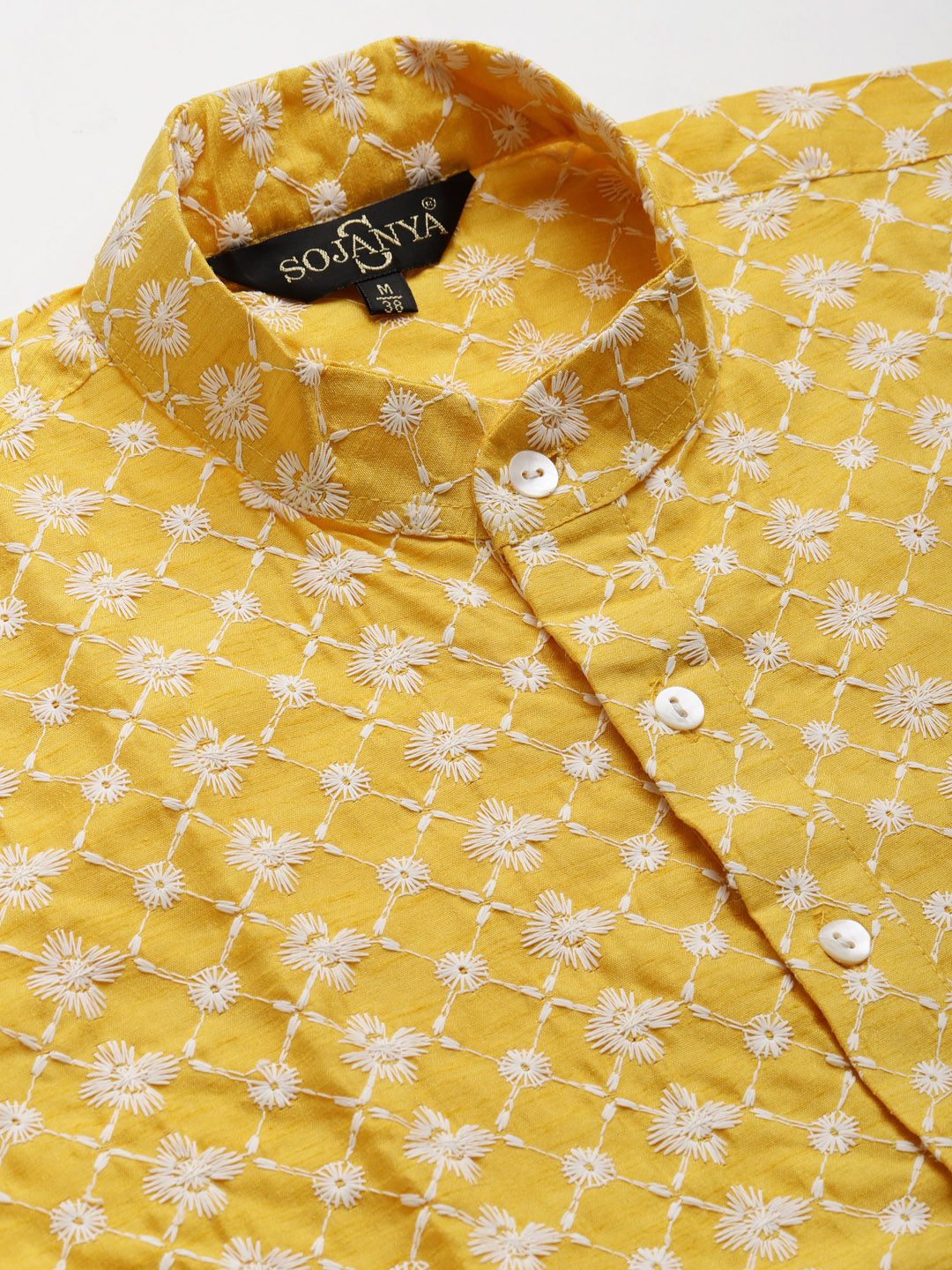 SOJANYA Men Yellow & White Embroidered Thread Work Kurta with Churidar & Nehru Jacket