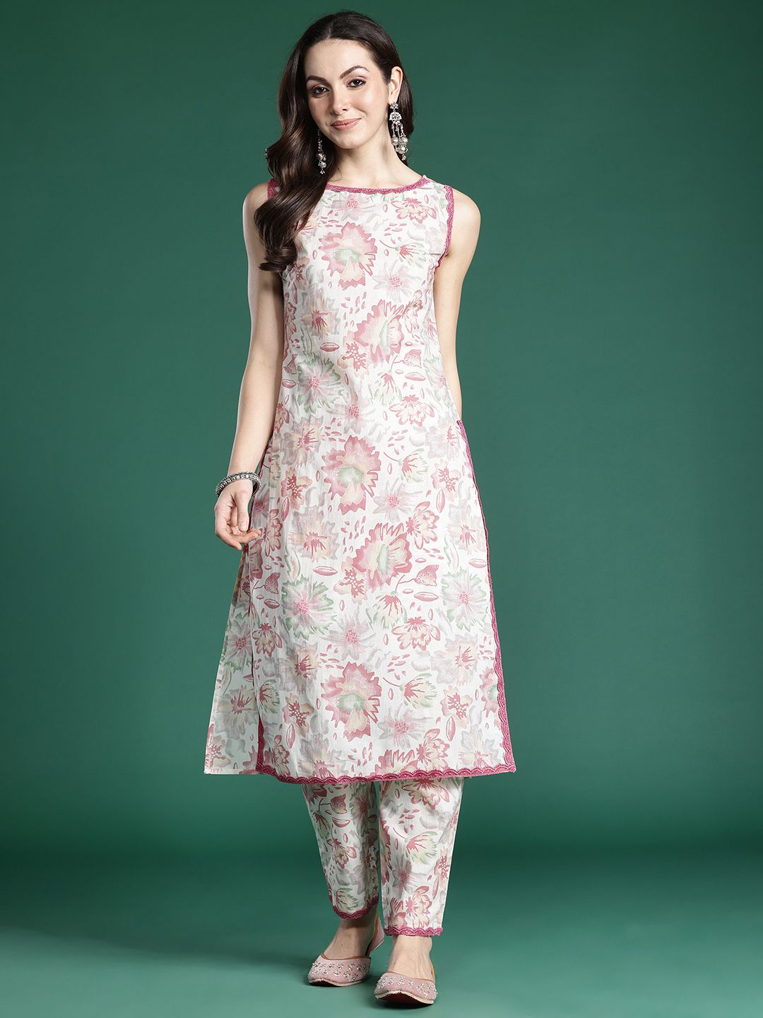 Indo Era Floral Printed Pure Cotton Kurta with Trousers