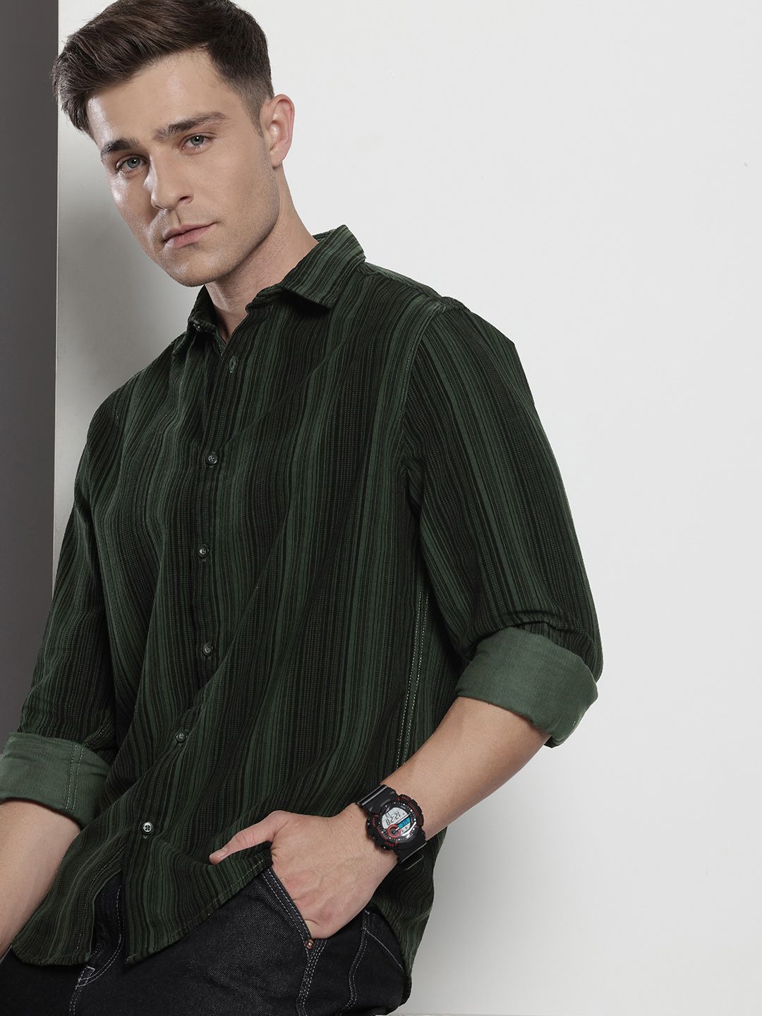 The Indian Garage Co Pure Cotton Vertical Striped Corduroy Casual Shirt