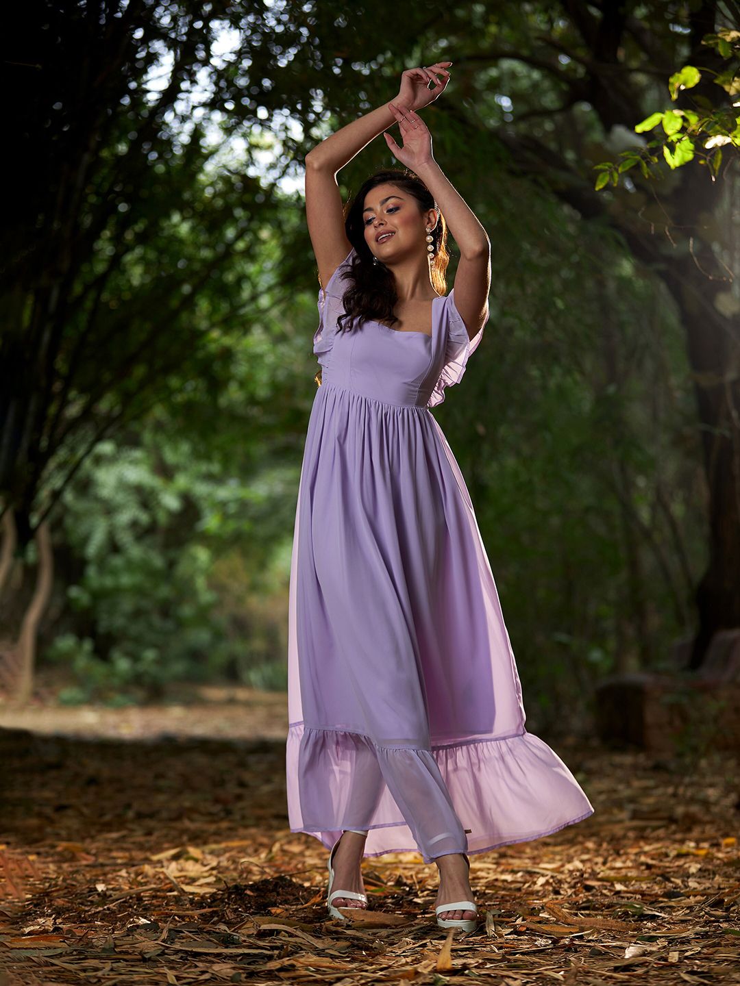 SASSAFRAS Fluttered Sleeves Georgette Maxi Dress