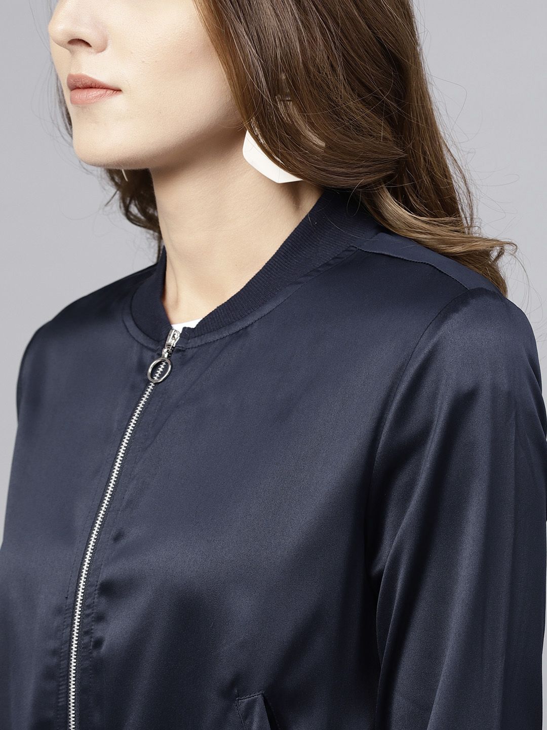 STREET 9 Women Blue Solid Satin Bomber Jacket
