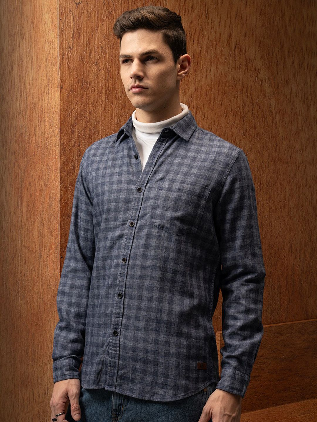 LOCOMOTIVE Premium Relaxed Fit Linen Blend Textured Checked Shirt