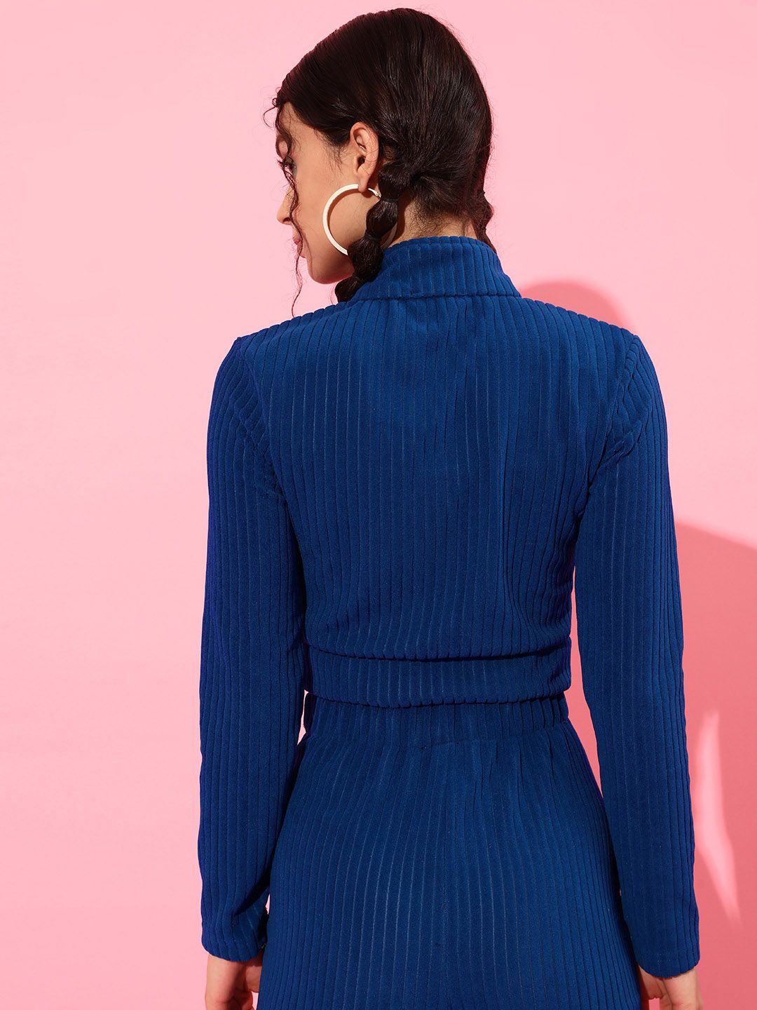 STREET 9 Women Blue Striped Crop Tailored Jacket