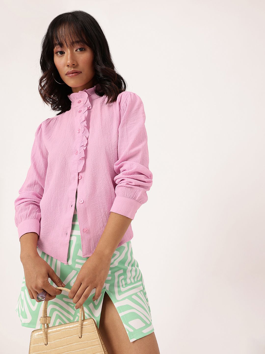 DressBerry Vibrant Vibes Seersucker Textured Ruffles Shirt