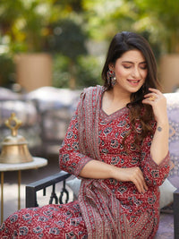 KALINI Women Floral Printed Regular Thread Work Kurta with Trousers & With Dupatta