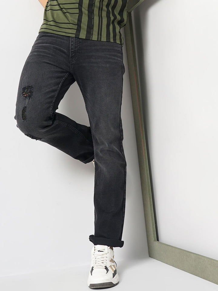 The Indian Garage Co Men Black Mid-Rise Bootcut Low Distress Heavy Fade Stretchable Jeans