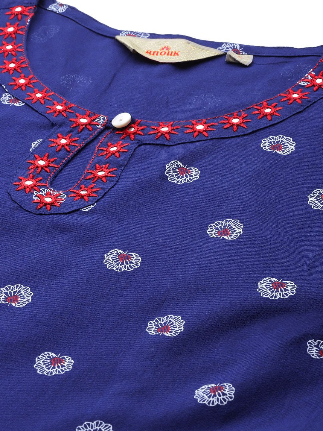 Anouk X Kaarkhana Floral Printed Pleated Pure Cotton Kurta with Churidar & Dupatta