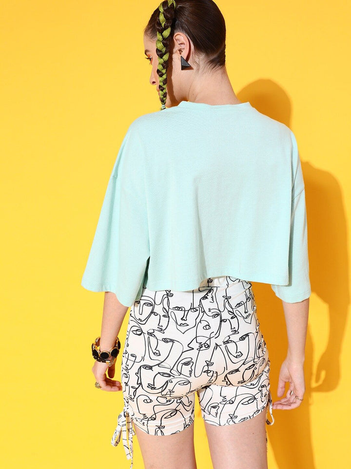 STREET 9 Women Sea Green Printed Pure Cotton Drop-Shoulder Sleeves Bio Finish Boxy T-shirt