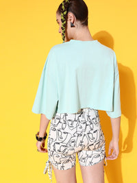 STREET 9 Women Sea Green Printed Pure Cotton Drop-Shoulder Sleeves Bio Finish Boxy T-shirt