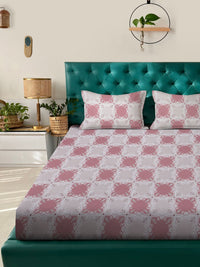 KLOTTHE Pink Geometric Printed 400 TC Pure Cotton Fitted King Bedsheet & 2 Pillow Covers