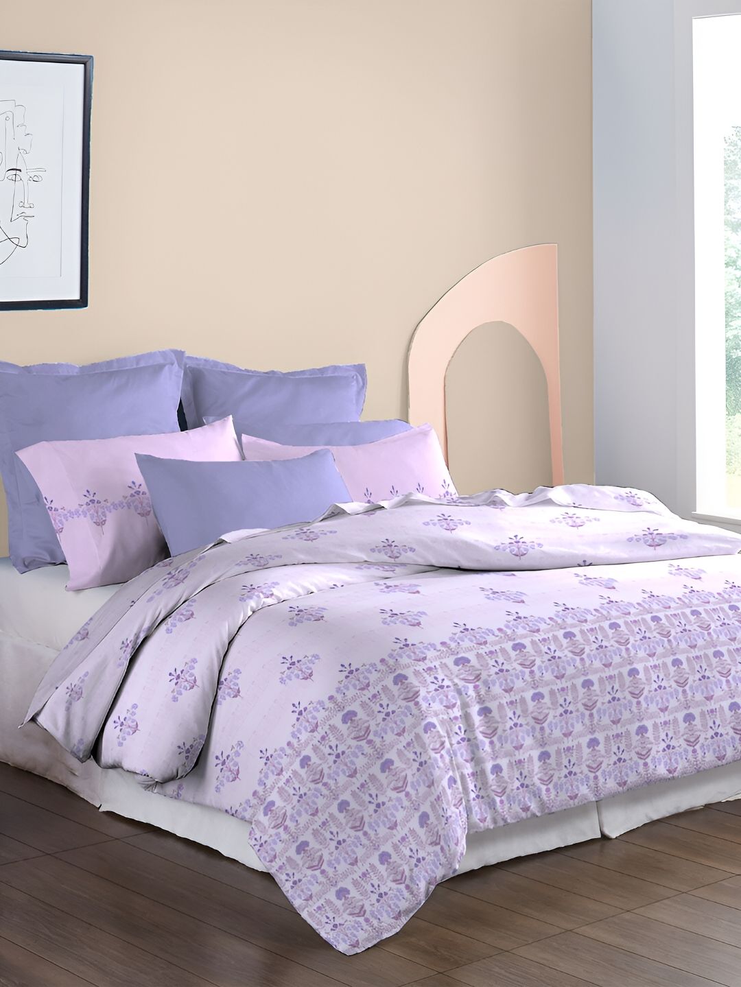 MYTRIDENT Lilac Affair Soft Comfort Flat 210TC King Pure Cotton Bedsheet Set