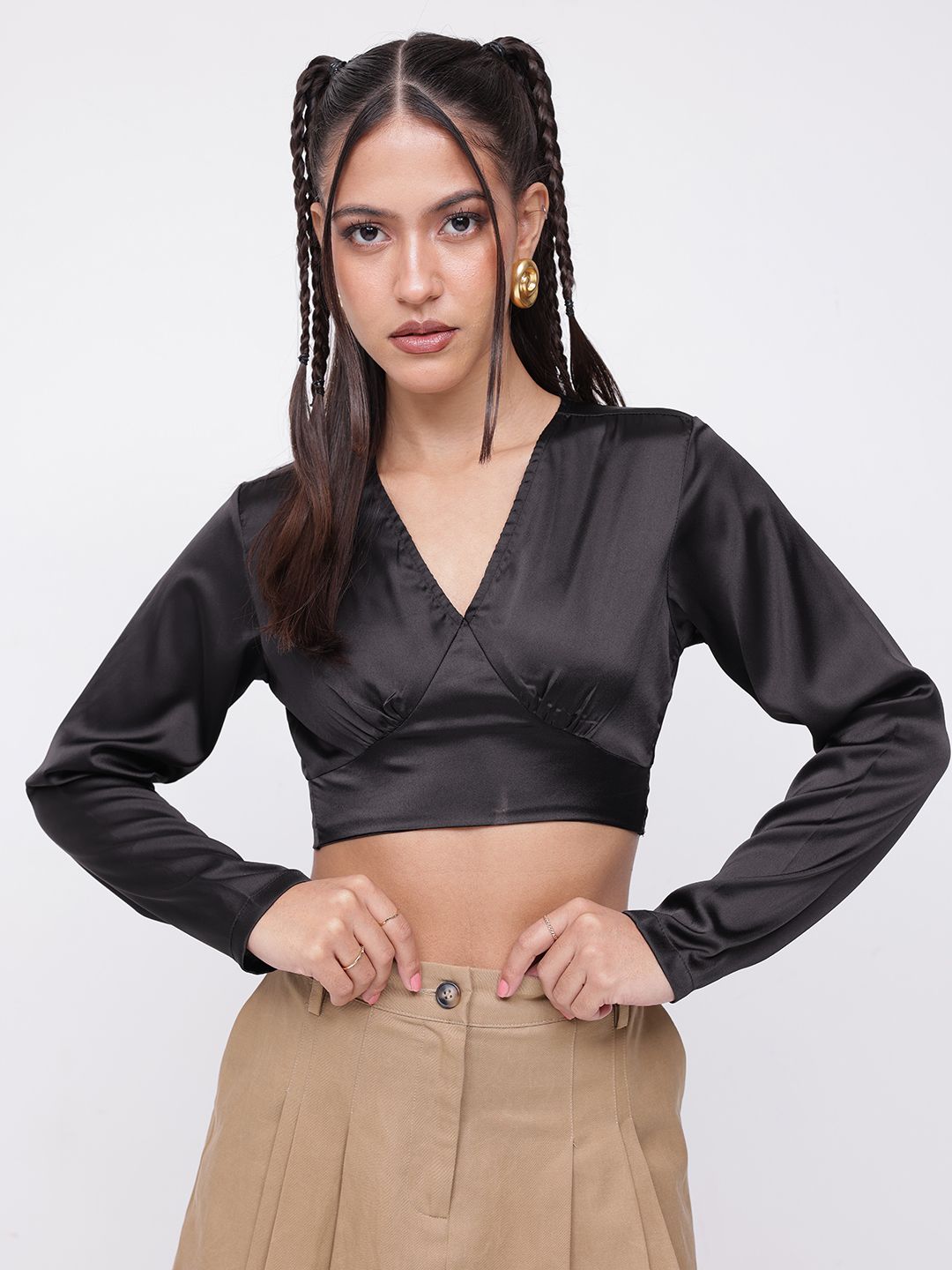 DressBerry Dark Dimness Satin Finish V-Neck Crop Top