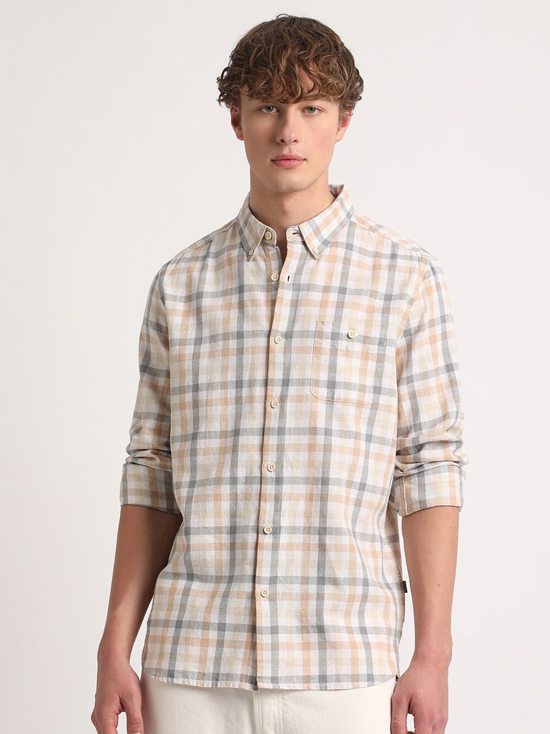 THE BEAR HOUSE Tartan Checked Slim Fit Cotton Linen Casual Shirt