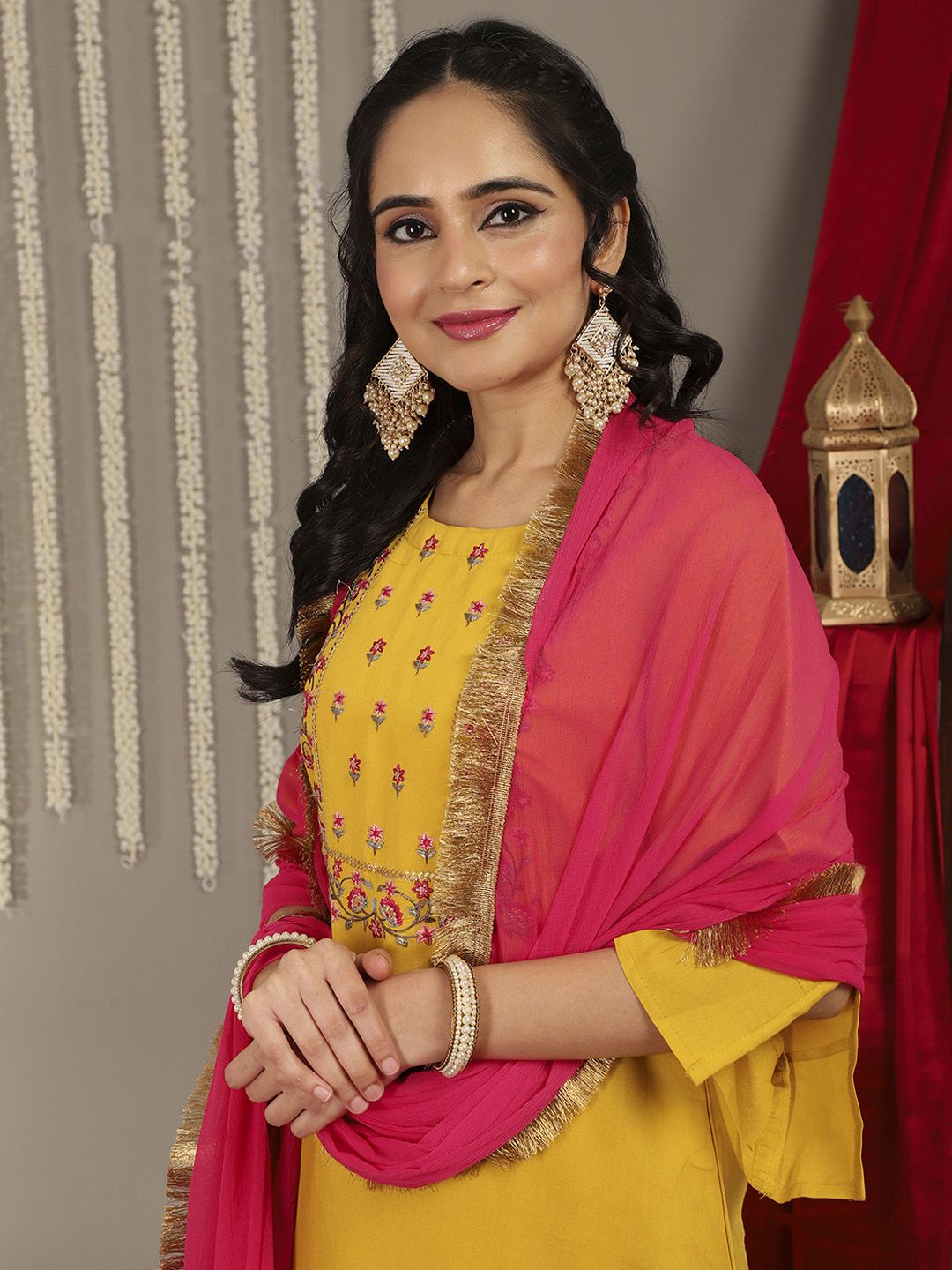 Varanga Women Floral Yoke Design Kurta with Trousers & Dupatta