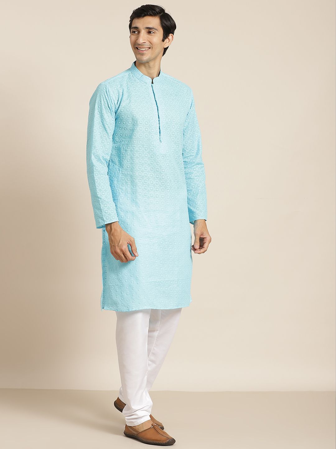 SOJANYA Men Blue Chikankari Pure Cotton Kurta with Churidar & Nehru Jacket