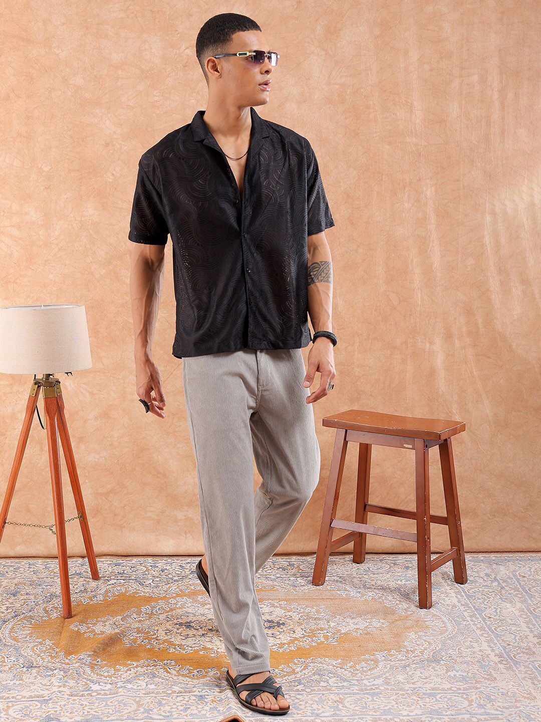 The Indian Garage Co Men Relaxed Fit Solid Warp Knit Lace Resortwear Shirt