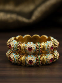 PANASH Set Of 2 24KT Gold-Plated Ruby & Emerald Stones Studded Flower Shaped Bangles