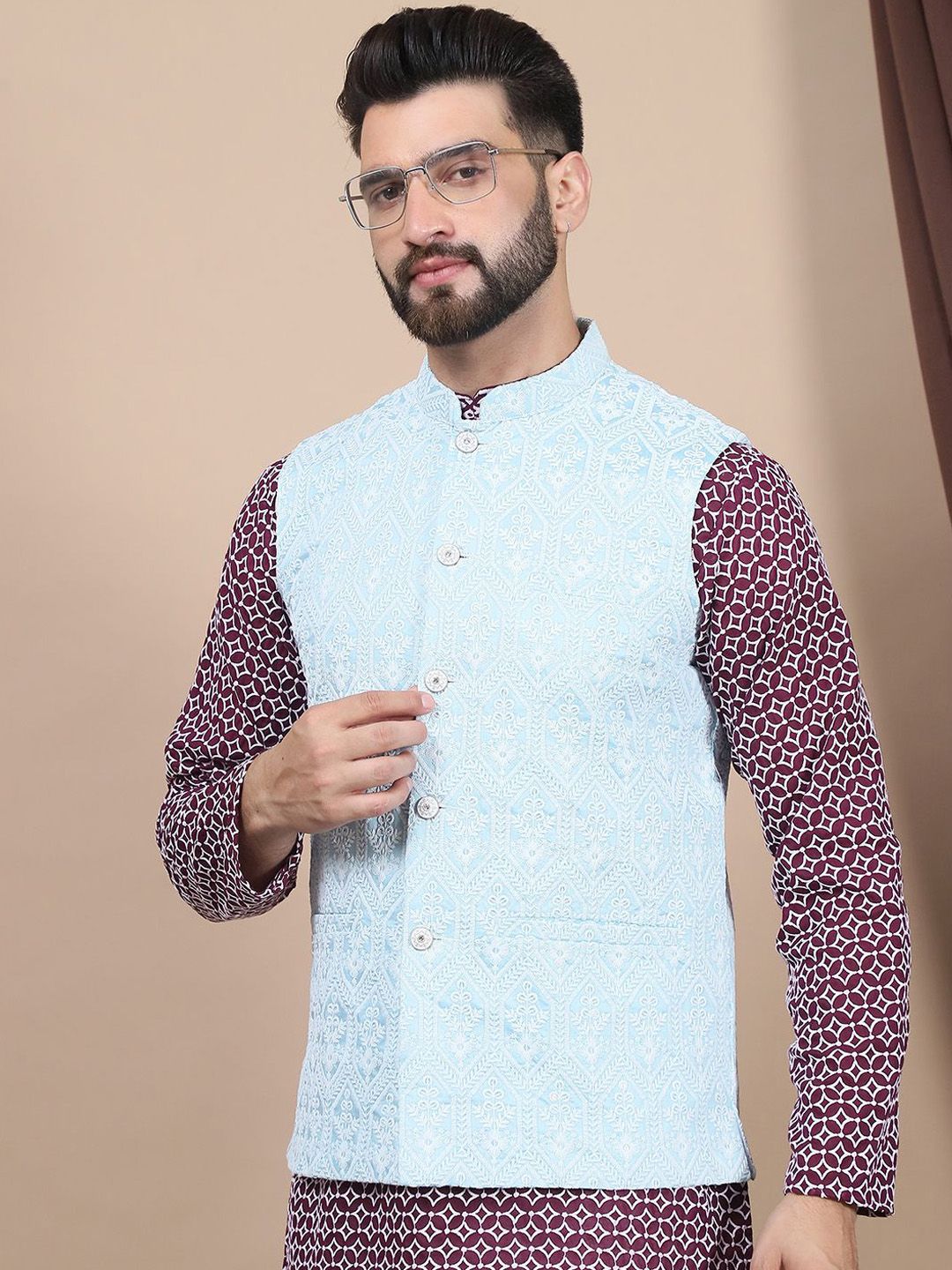 Anouk Purple Ethnic Motifs Printed Straight Pure Cotton Kurta with Churidar