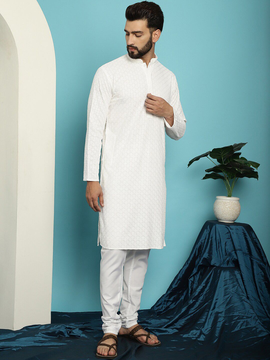 SOJANYA Embroidered Sequinned Pure Cotton Kurta with Pyjama Set