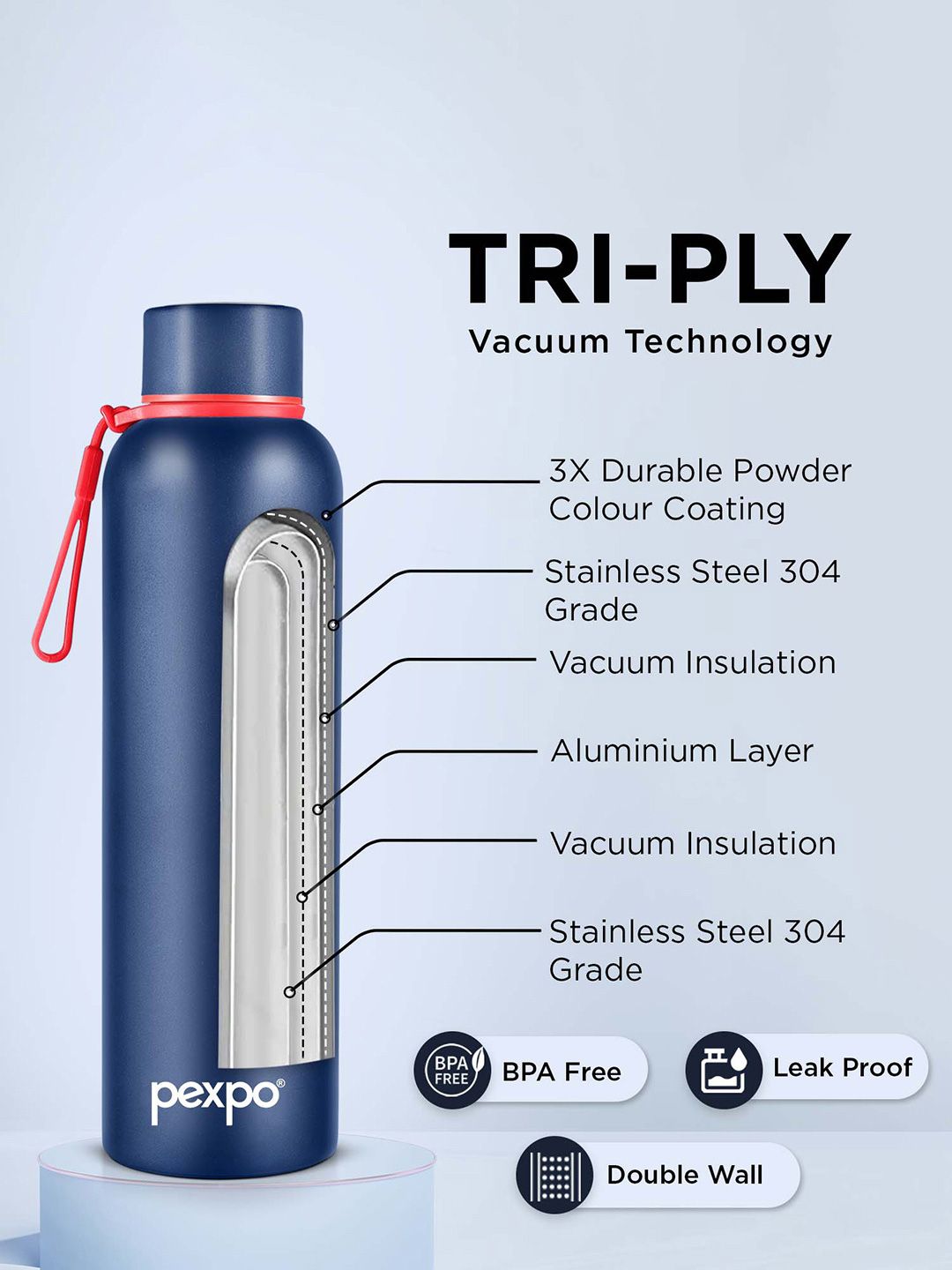 Pexpo Bravo Denim Blue ISI Certified Thermosteel Hot & Cold Flask Water Bottle - 1 L