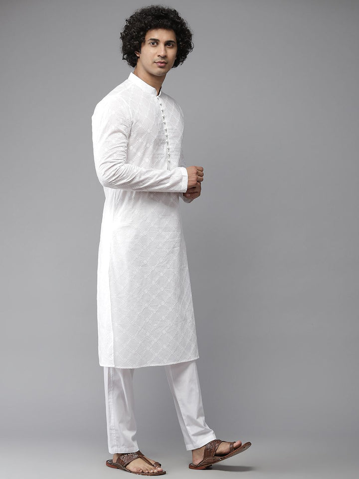 See Designs Men White Embroidered Chikankari Pure Cotton Kurta with Pyjamas