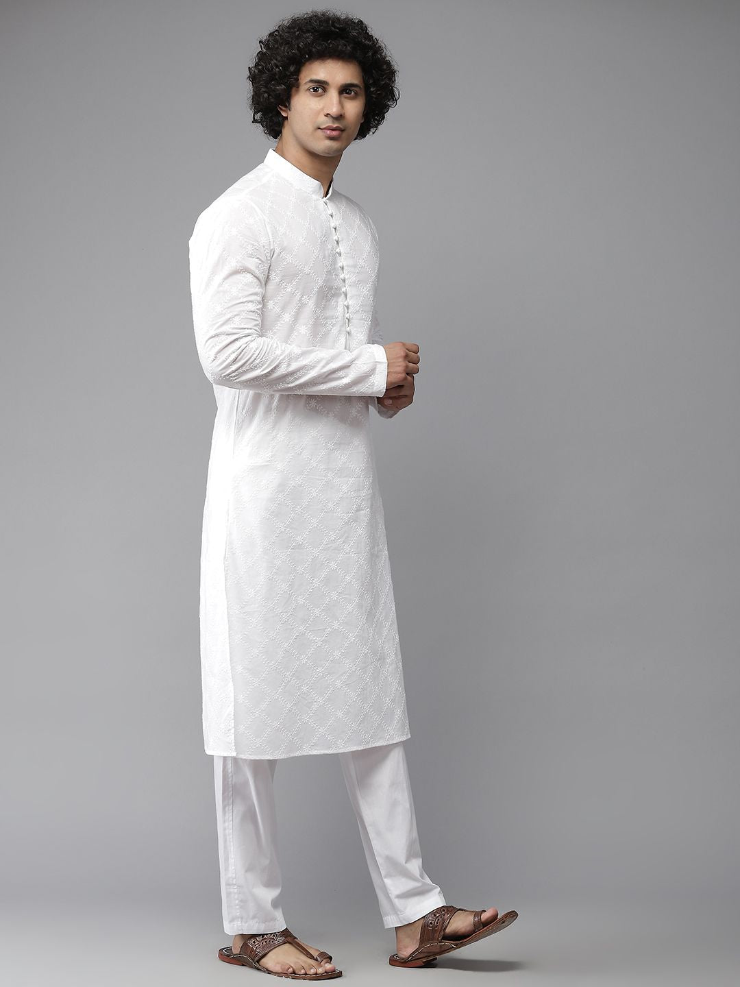 See Designs Men White Embroidered Chikankari Pure Cotton Kurta with Pyjamas