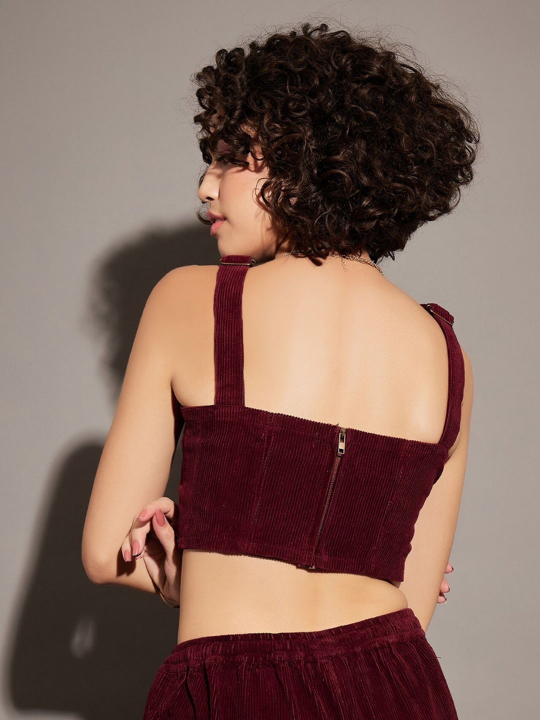 SASSAFRAS Maroon Shoulder Straps Corduroy Crop Fitted Top