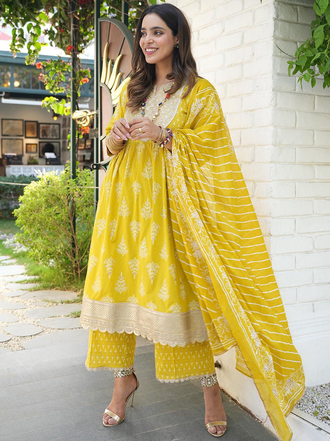 Libas Women Floral Yoke Design High Slit Pure Cotton Kurta with Palazzos & With Dupatta