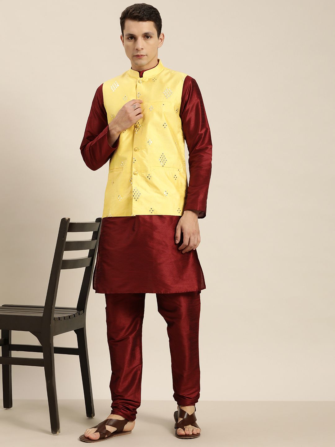 SOJANYA Maroon Mirror Work Kurta with Churidar
