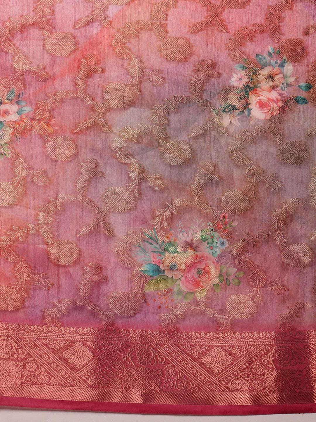 Silk Land Woven Banarasi Floral  Digital Print Saree