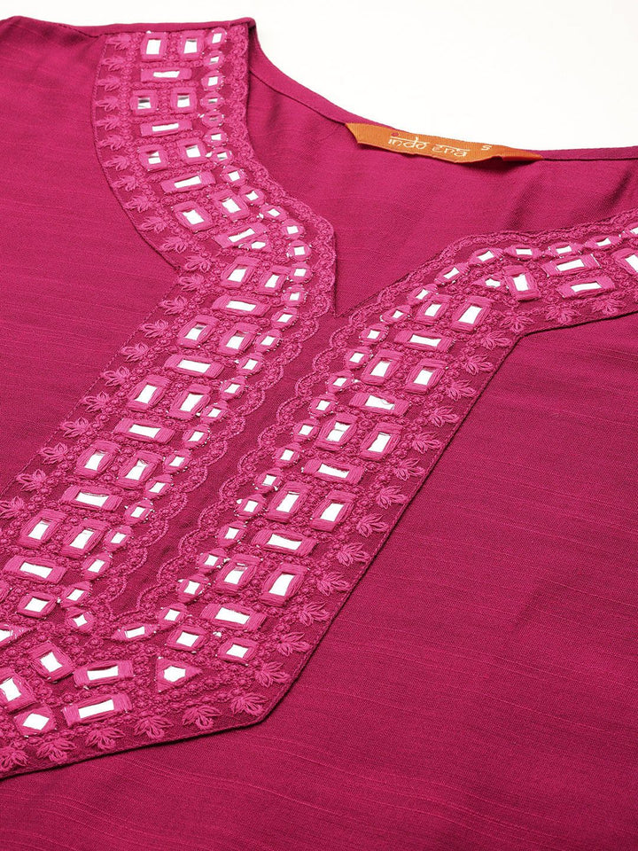 Indo Era Yoke Design Mirror Work Kurta With Trousers & Dupatta