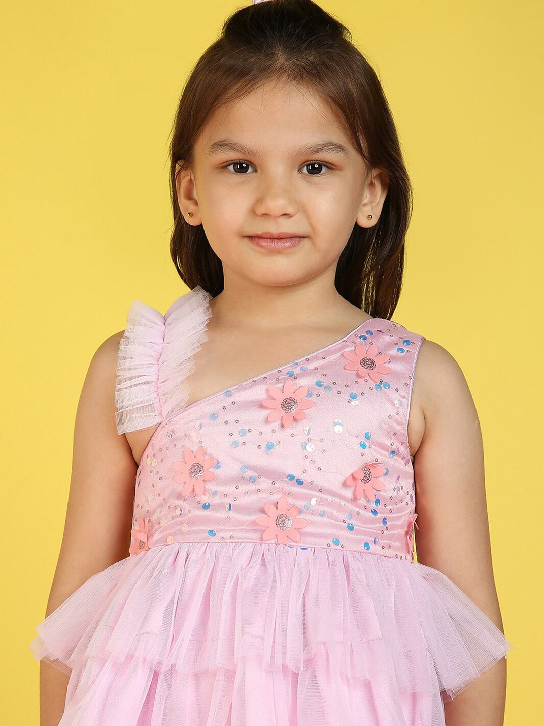 Nauti Nati Girls Embellished One Shoulder Sequined Net Fit & Flare Dress