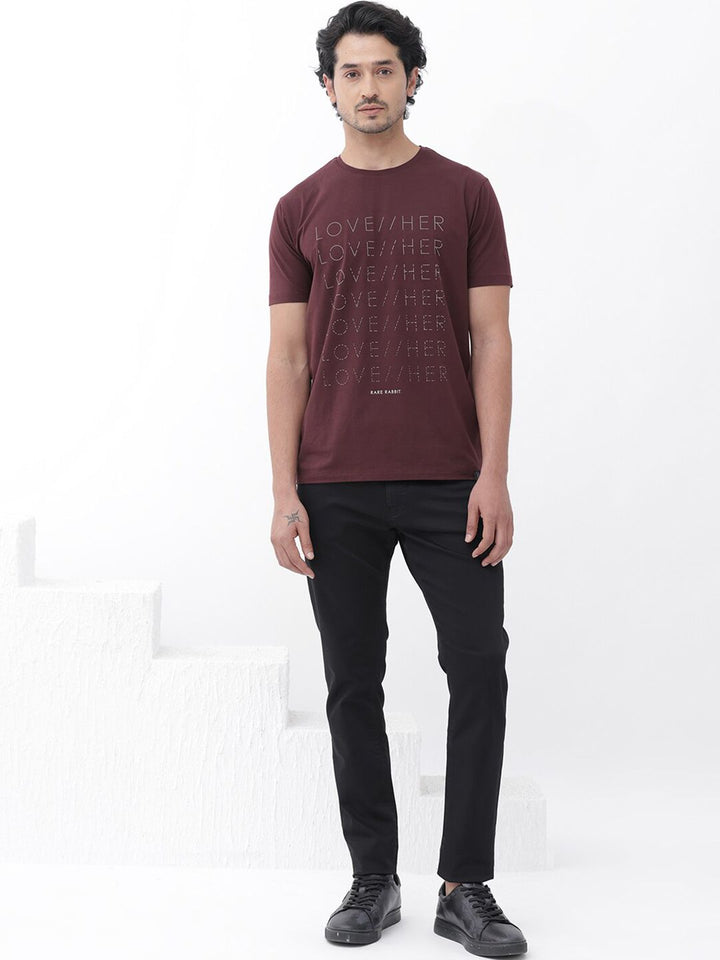 RARE RABBIT Men Love Her Skinny Fit Typography Printed Cotton T-Shirt