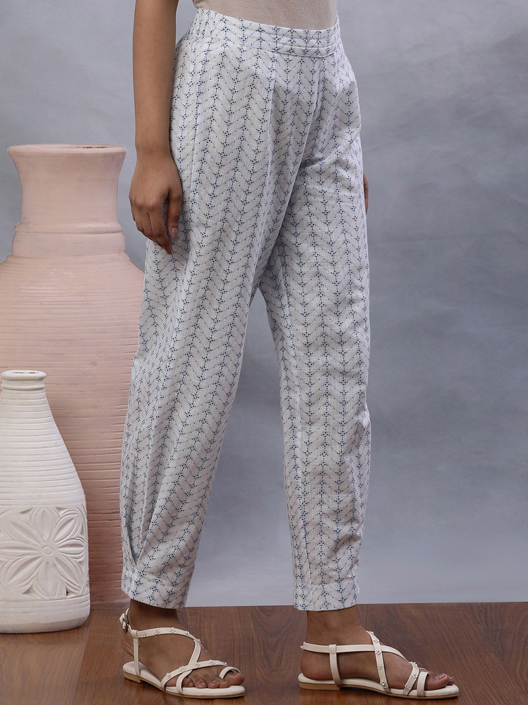 W Women White Geometric Printed Pure Cotton Trouser