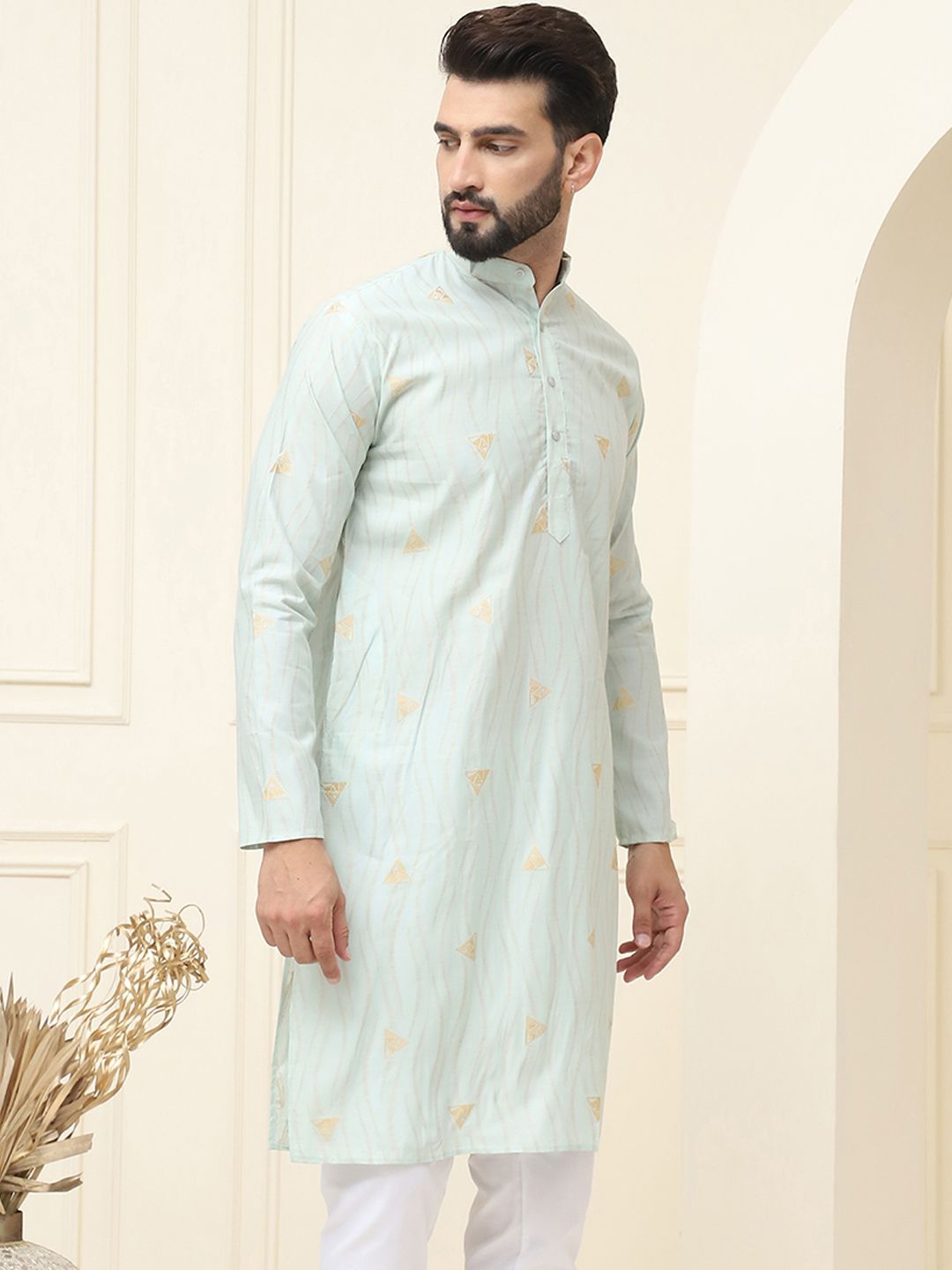 SOJANYA Kurta Lurus Tenunan Geometrik Kapas Sutera