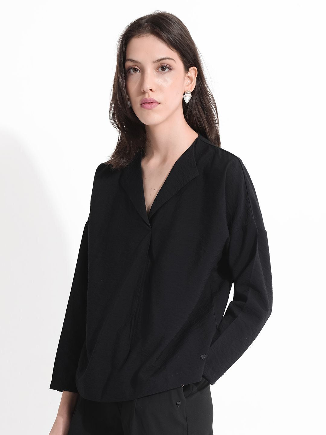RAREISM Solid Lapel Collar Cotton Top