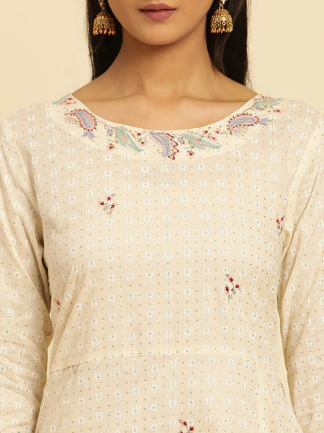 W White Ethnic Motifs Thread Work Boat Neck Cotton Anarkali Kurta