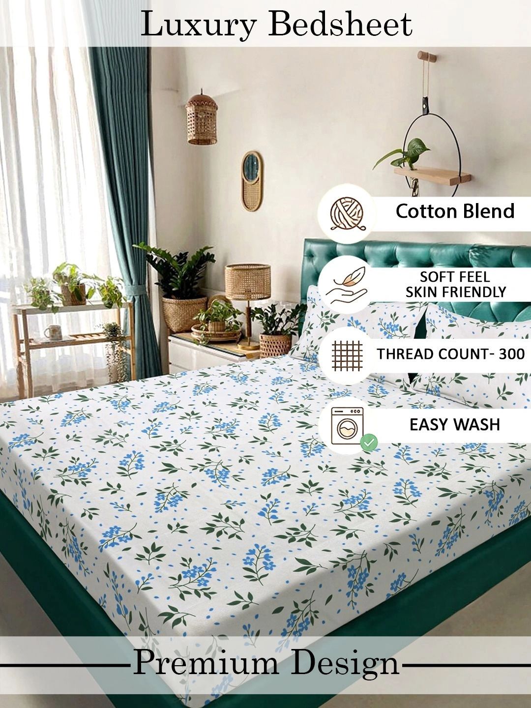 Moda Rapido X KLOTTHE White & Blue Floral 300 TC King Bedsheet with 2 Pillow Covers