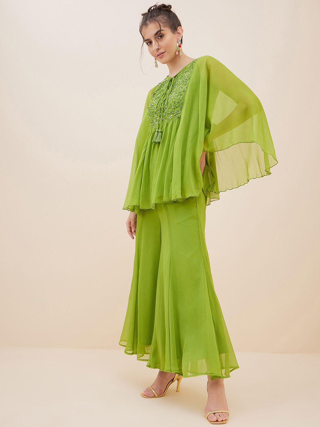 Antheaa Tie-Up Neck Extended Sleeves Beads and Stones Kaftan Top With Palazzos