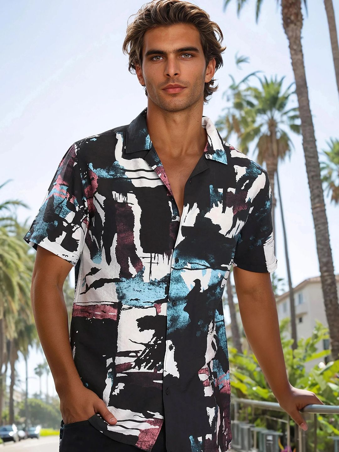 Bene Kleed Men Abstract Printed Cuban Collar Casual Shirt