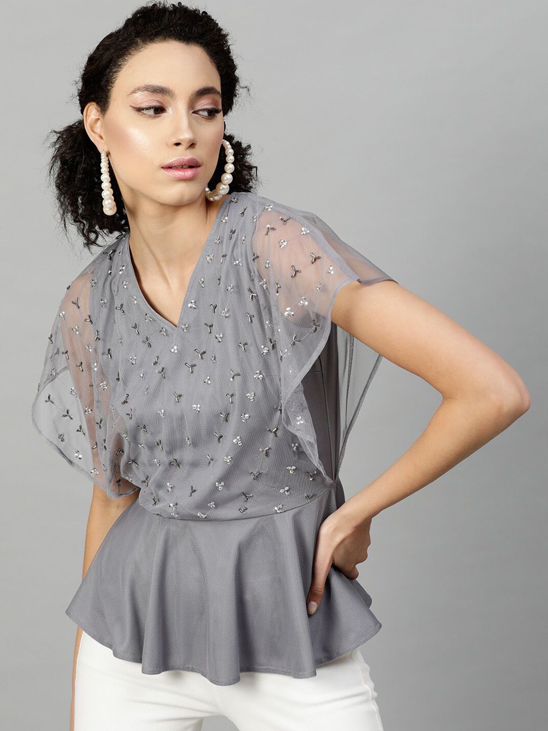 STREET 9 Grey Embellished Flared Sleeves Layered Net Wrap Top