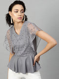 STREET 9 Grey Embellished Flared Sleeves Layered Net Wrap Top