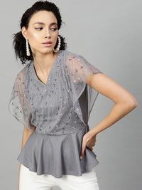 STREET 9 Grey Embellished Flared Sleeves Layered Net Wrap Top