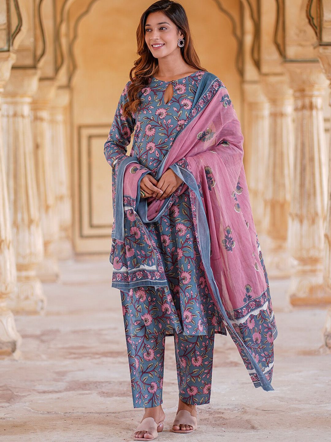 KALINI Floral Printed Regular Pure Cotton Kurta with Trousers & Dupatta