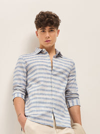 THE BEAR HOUSE Men Spread Collar Horizontal Striped Slim Fit Casual Shirt