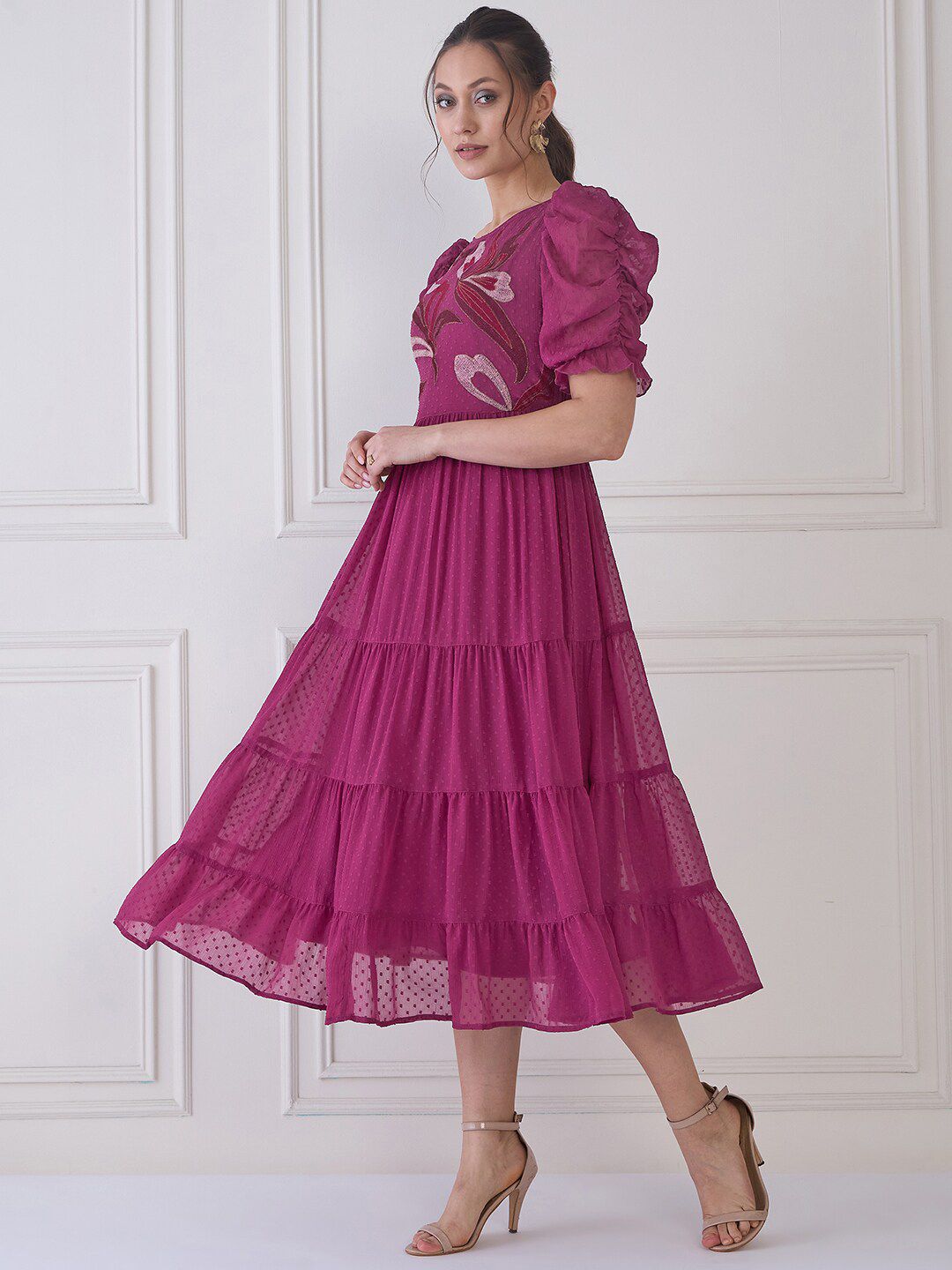 Antheaa Embroidered Round Neck Puff Sleeve Fit & Flare Midi Dress