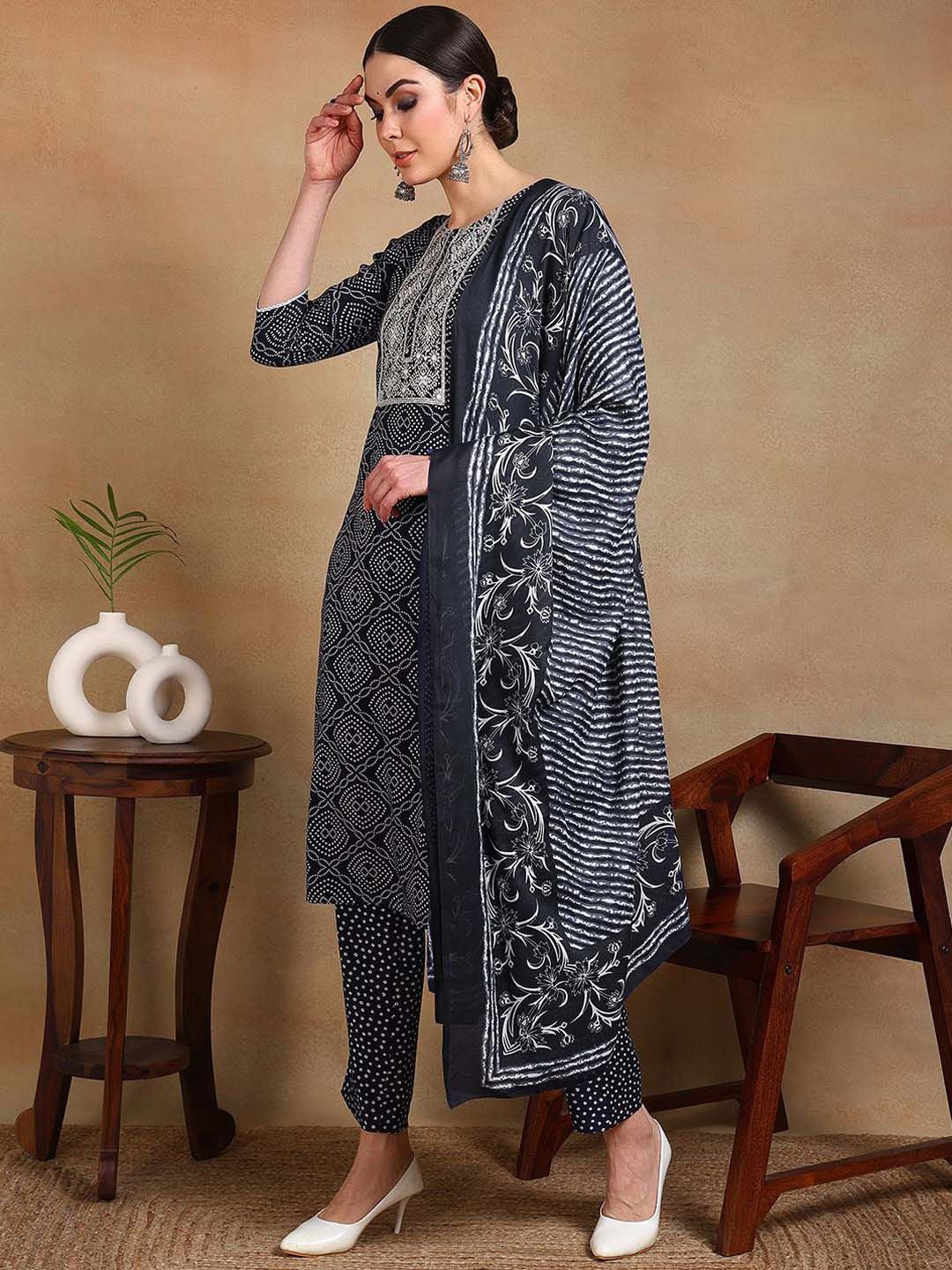 KALINI Women Bandhani Printed Regular Thread Work Kurta with Trousers & With Dupatta