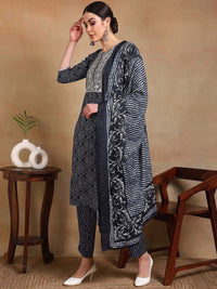KALINI Women Bandhani Printed Regular Thread Work Kurta with Trousers & With Dupatta