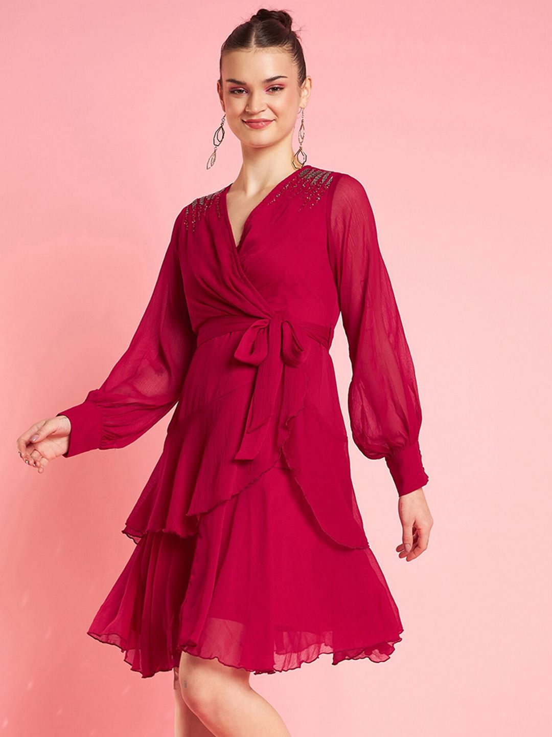 Antheaa Embellished Bell Sleeve Layered Chiffon Fit & Flare Party Dress