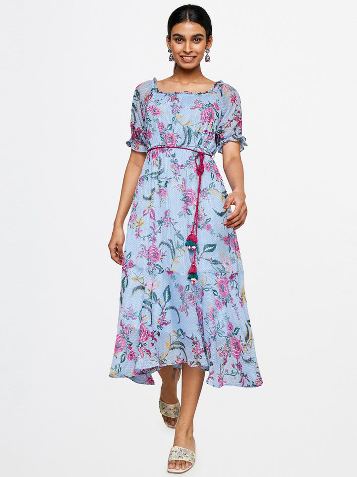 Global Desi Floral Printed Belted Maxi Dress